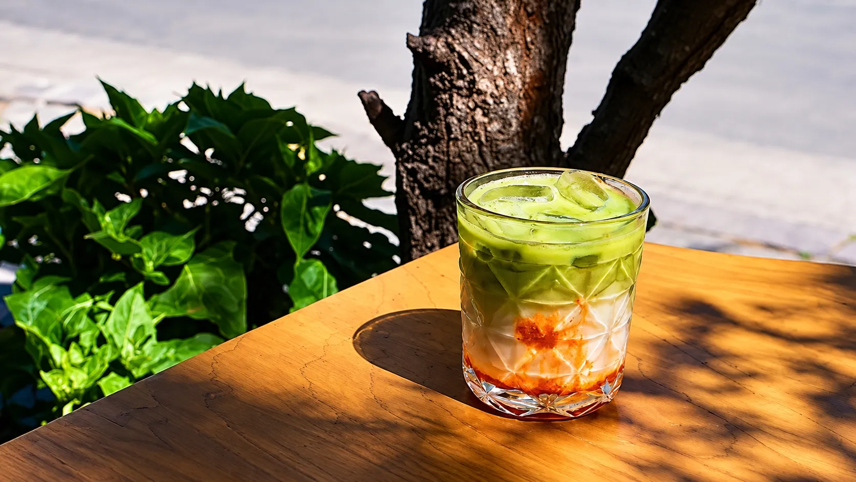 Iced mango matcha latte
