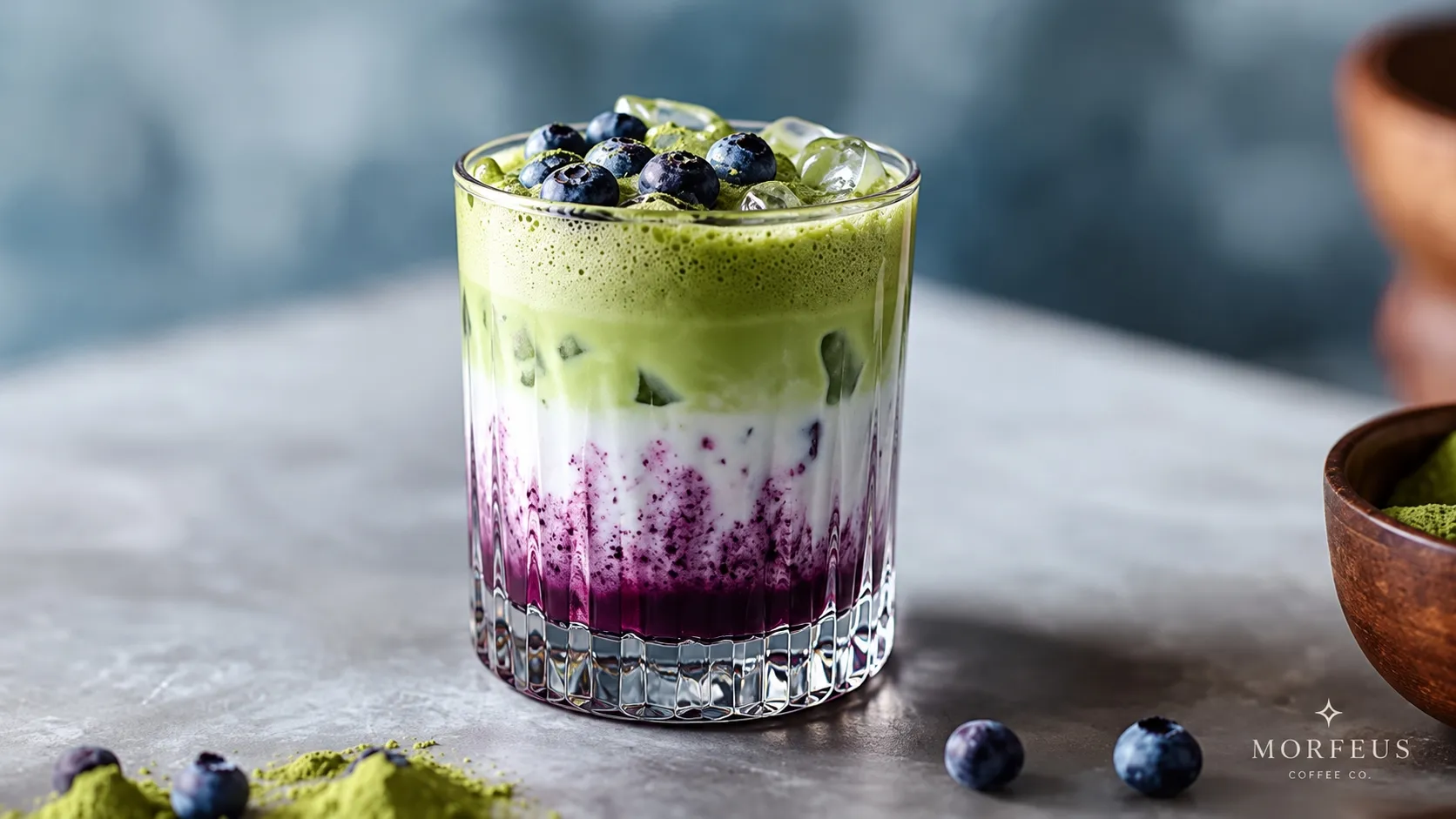 Iced blueberry matcha latte