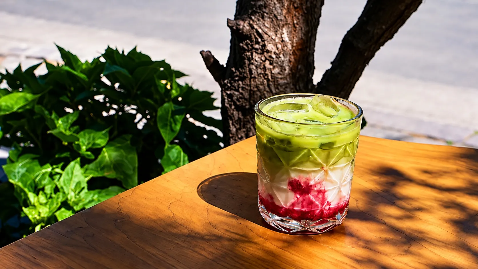 Iced raspberry matcha latte